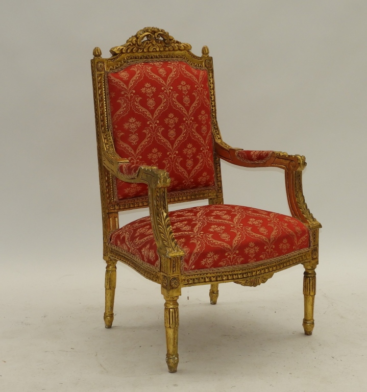 Appraisal: FRENCH LOUIS XIV STYLE CARVED GILT WOOD ARM CHAIR France