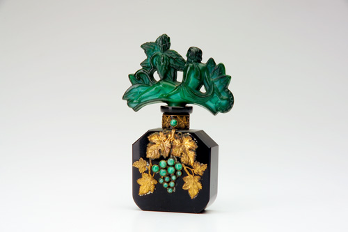 Appraisal: INGRID Perfume bottle in black and malachite crystal with jeweled