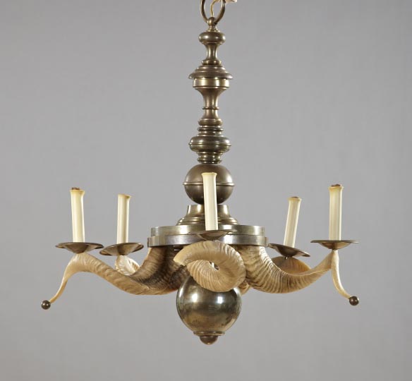 Appraisal: Continental Blond Horn-Mounted Brass Five-Light Chandelier second quarter th century