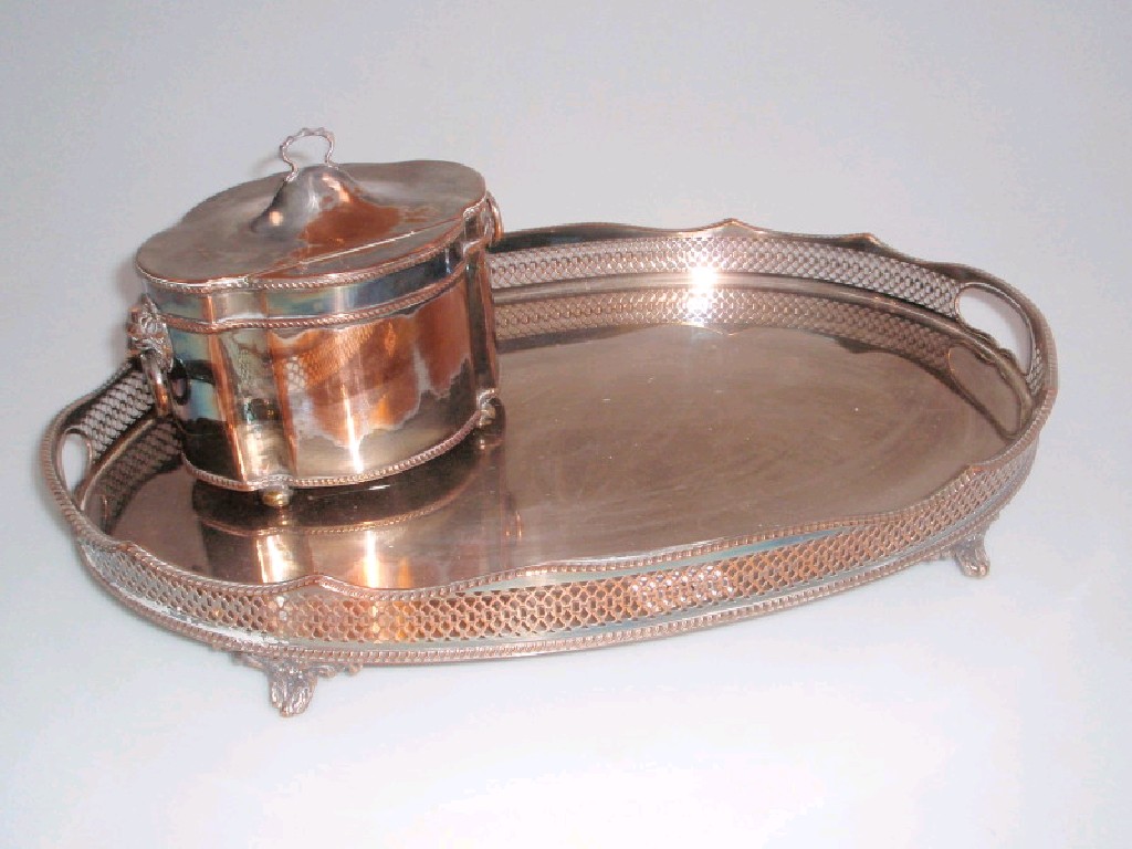 Appraisal: An oval electroplate on copper tea caddy and similar tray