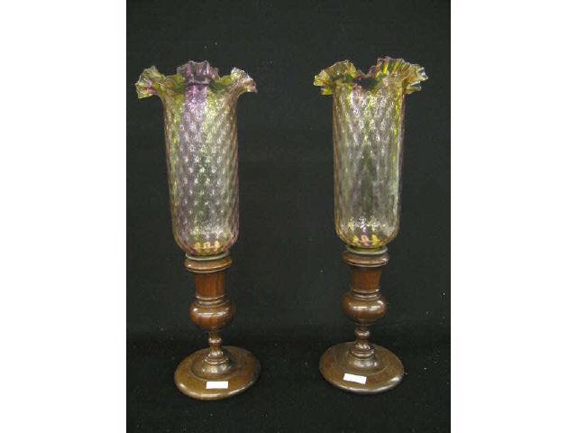 Appraisal: Pair of Victorian Art Glass Hurricane Lamps diamond quilted amberina