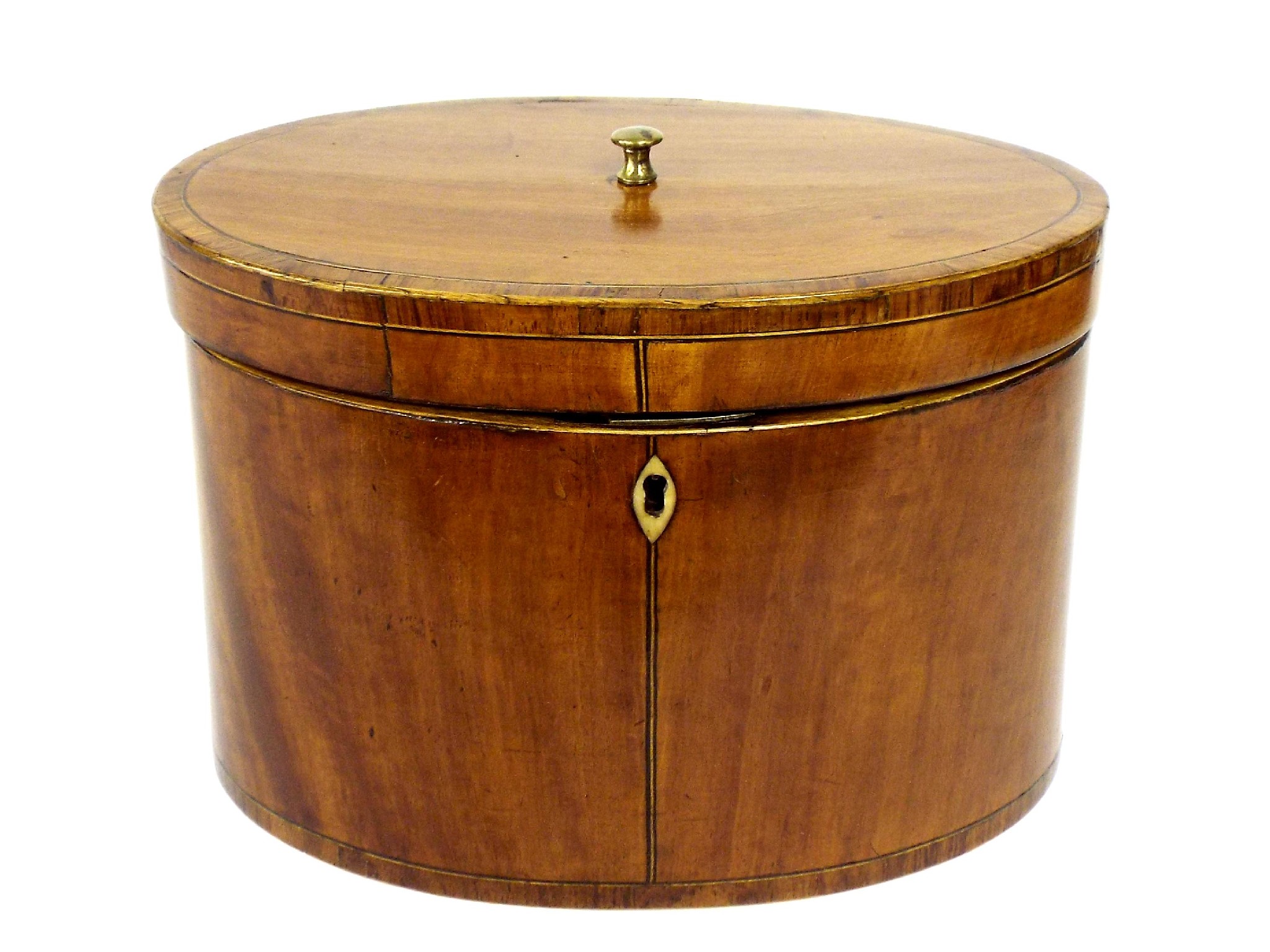 Appraisal: George III satinwood oval tea caddy with rosewood crossbanding the