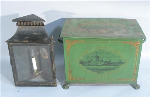 Appraisal: GREEN PAINTED COAL SCUTTLE Together with tole corner wall mounted