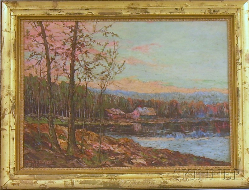 Appraisal: Framed Oil on Panel Landscape with House by a Lake