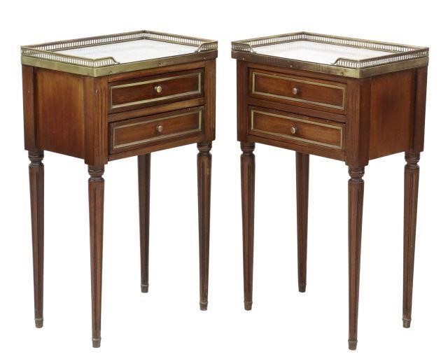 Appraisal: pair French Louis XVI style marble-top mahogany bedside cabinets th