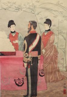 Appraisal: Signed Chinese Print - Figures in Western Garments With red