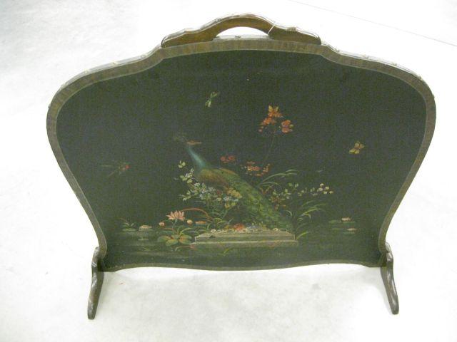 Appraisal: Handpainted Leather Firescreen with peacock floral insects bird excellent