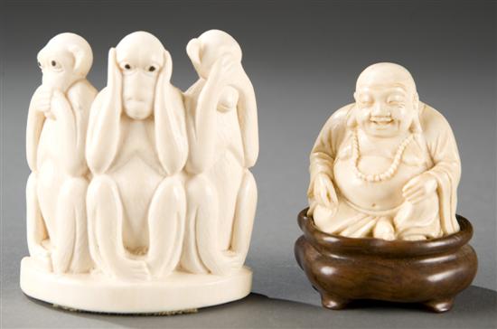 Appraisal: Two Asian figural ivory carvings Three wise monkeys embodying the