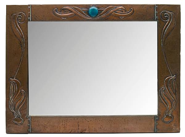 Appraisal: An Art Nouveau hammered copper and enamel wall mirror circa