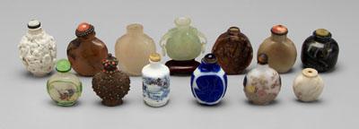 Appraisal: Chinese snuff bottles five carved stone two lacking stoppers one