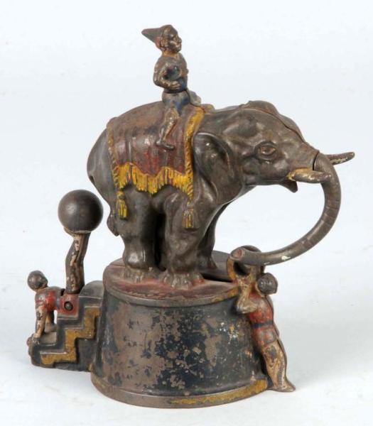 Appraisal: Cast Iron Elephant Clowns Mechanical Bank Description Manufactured by J