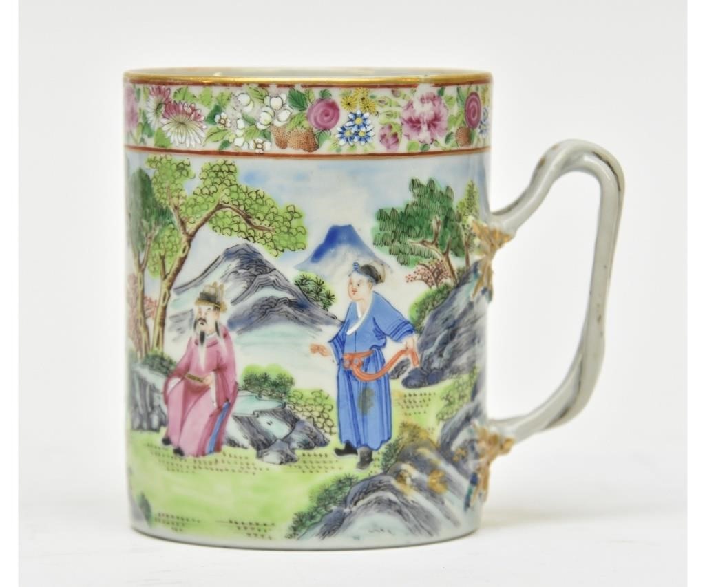 Appraisal: Famille Rose Chinese canister mug th c with intertwined handle