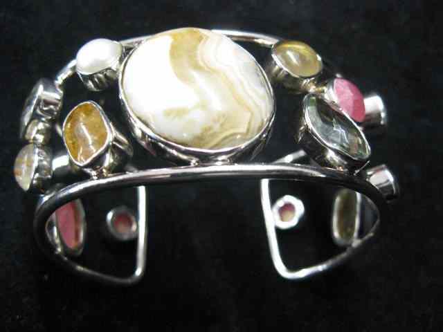 Appraisal: Gemstone Sterling Cuff Bracelet ocean jasper rutilated quartz pearl green