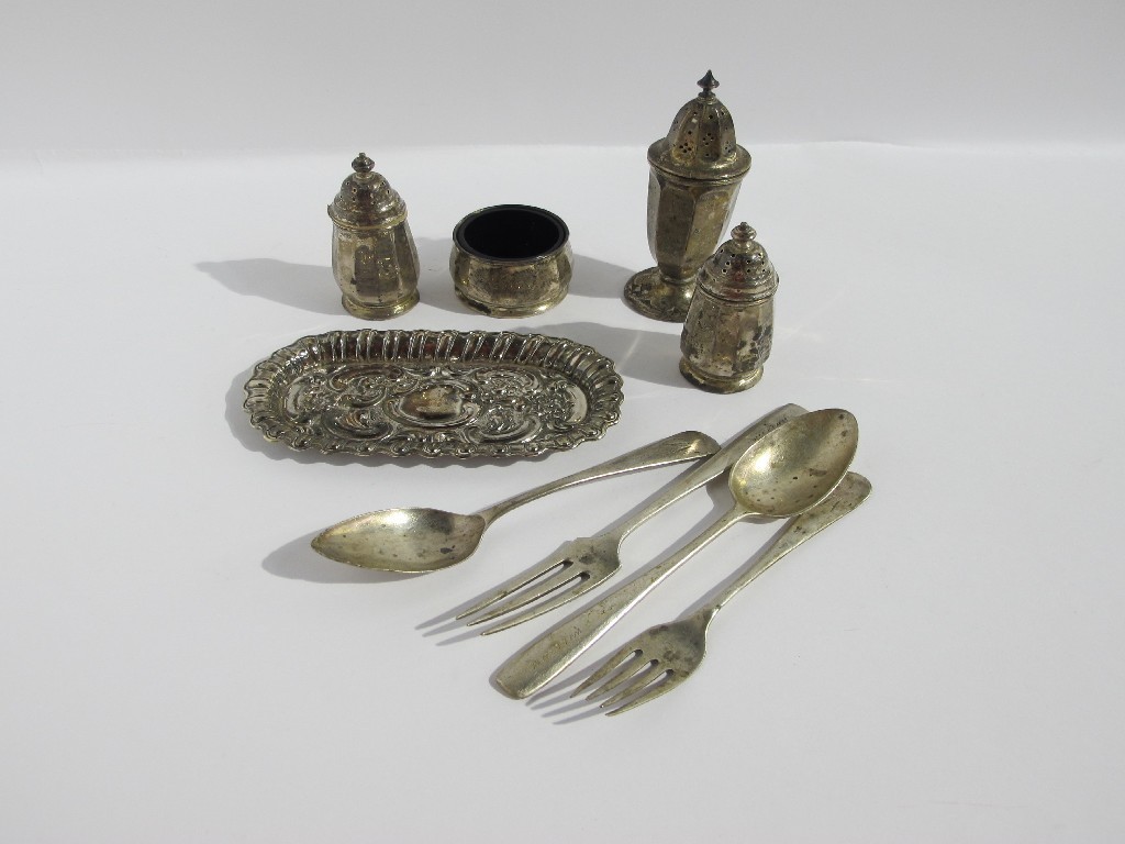 Appraisal: A lot comprising a small silver tray condiments and two