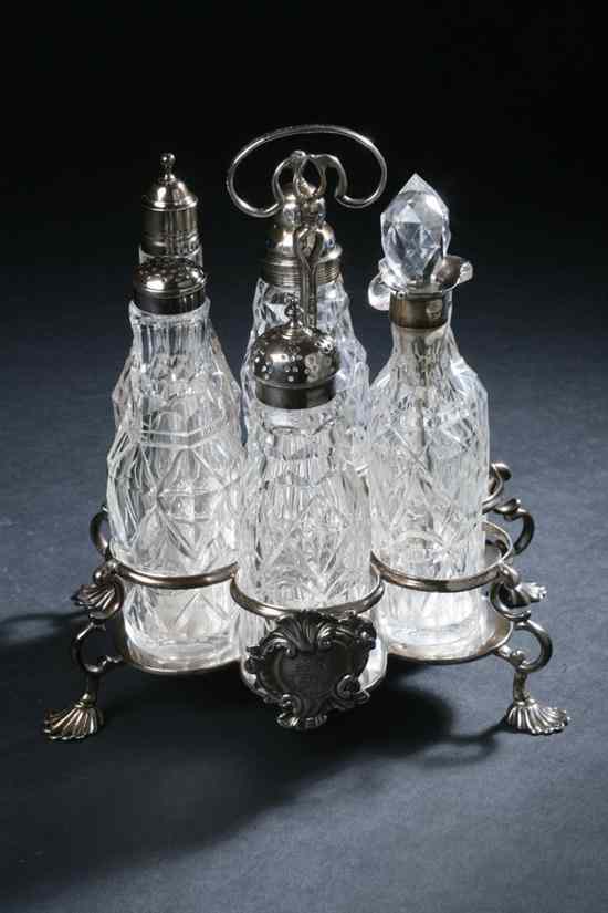 Appraisal: GEORGE III SILVER AND CUT-CRYSTAL CRUET SET Samuel Wood London