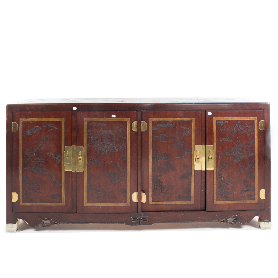 Appraisal: Chinoiserie decorated wood credenza two pairs of doors in H