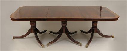 Appraisal: Regency-Style Inlaid Mahogany Three-Pedestal Dining Table in x ft in