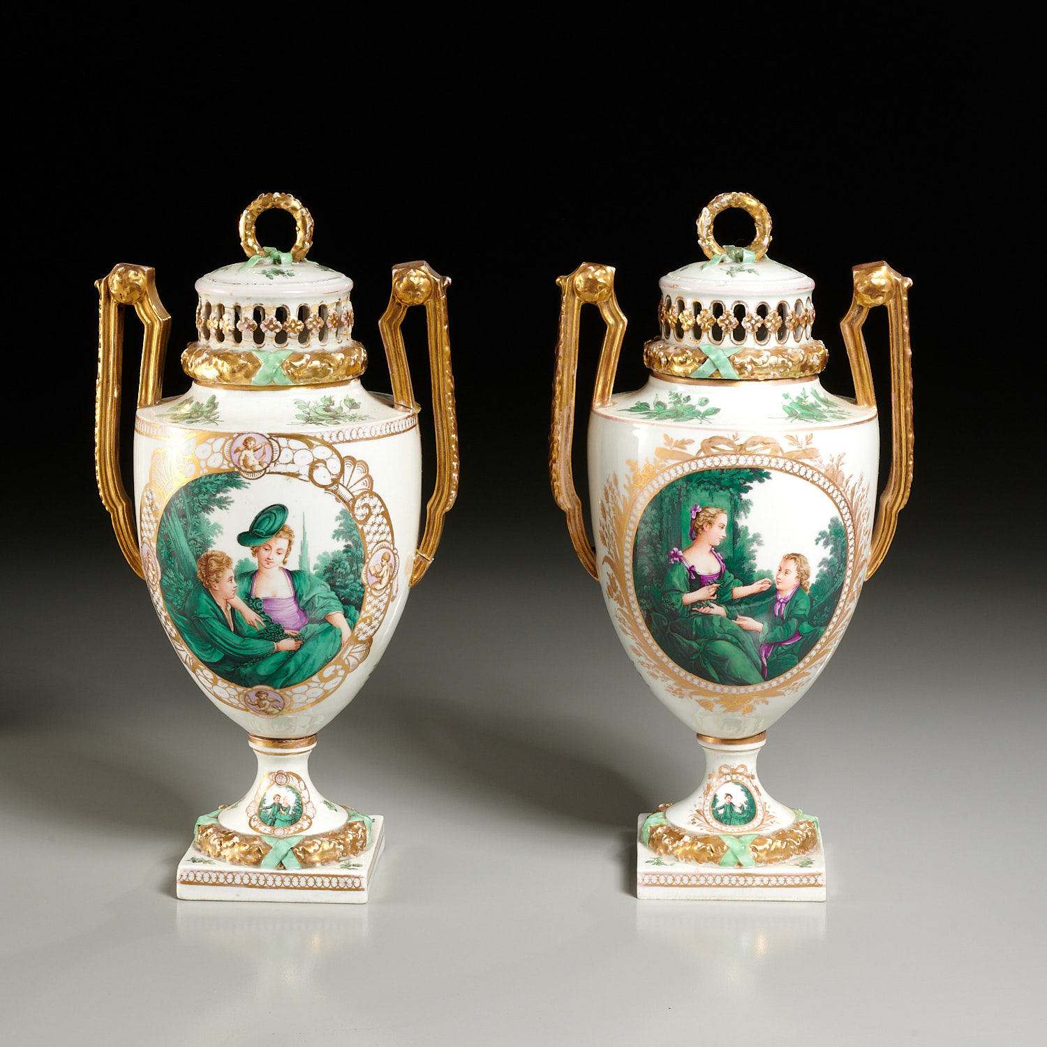 Appraisal: FINE PAIR MEISSEN HAND PAINTED LIDDED URNS th c or