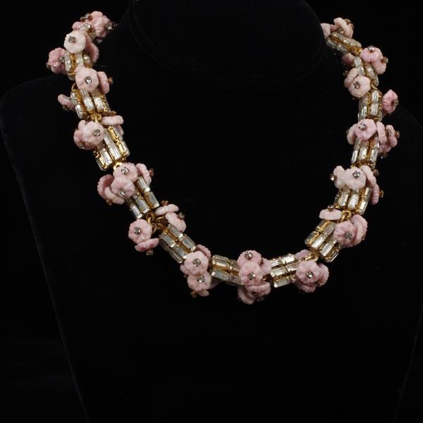 Appraisal: Miriam Haskell Pink Poured Glass Floral Clear Baguettes Rhinestone Necklace