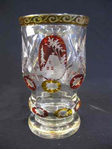 Appraisal: Bohemian Art Glass Goblet ruby golden amber cut-to-clear medallions ''