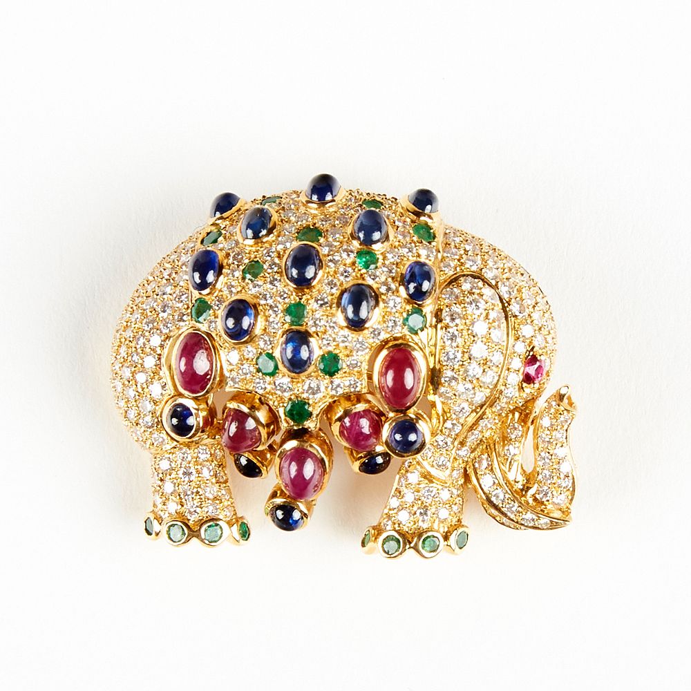 Appraisal: K Gold Colored Stones Elephant Brooch One late twentieth century