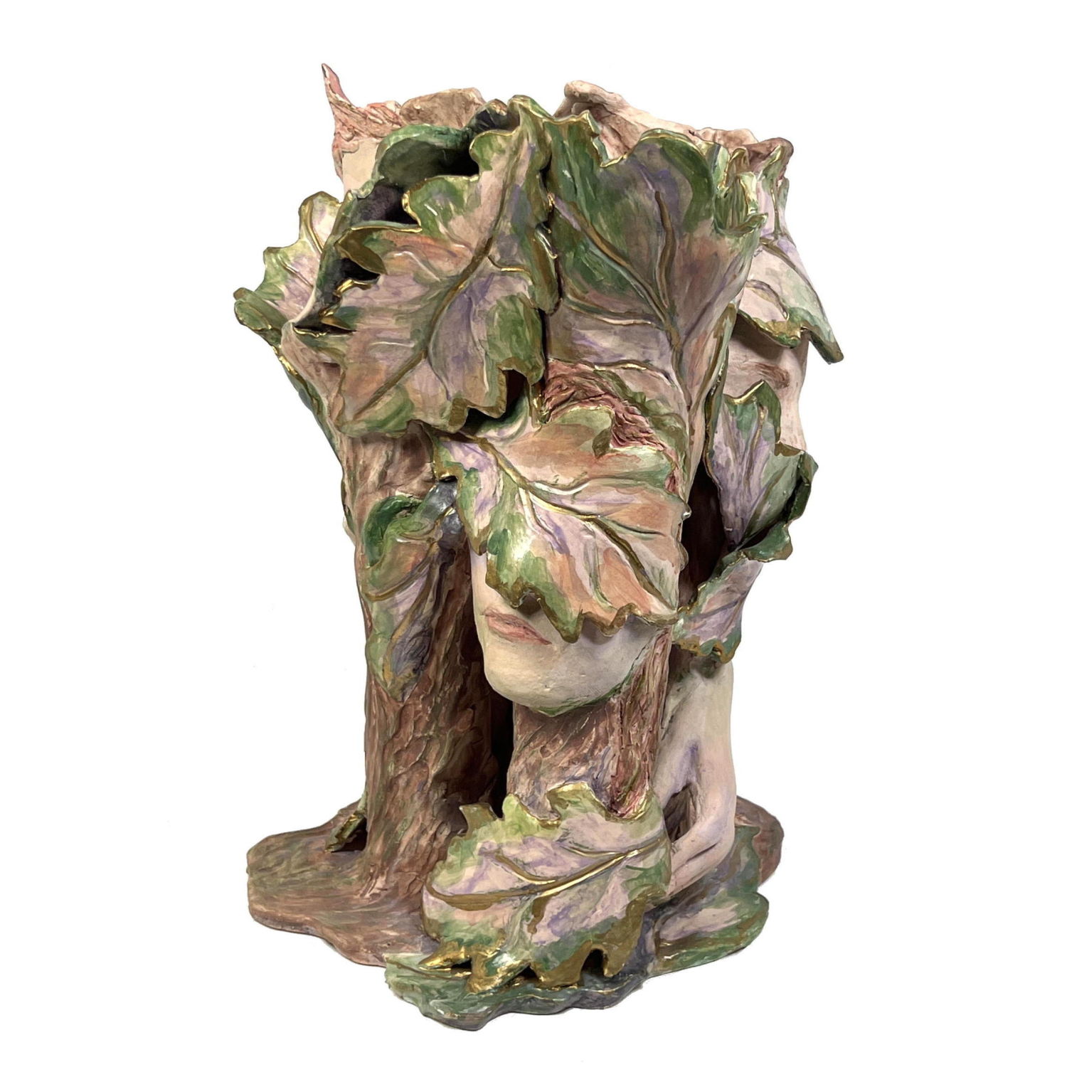 Appraisal: Glazed Pottery Vase Sculpture Tree form with Oak Leaves and