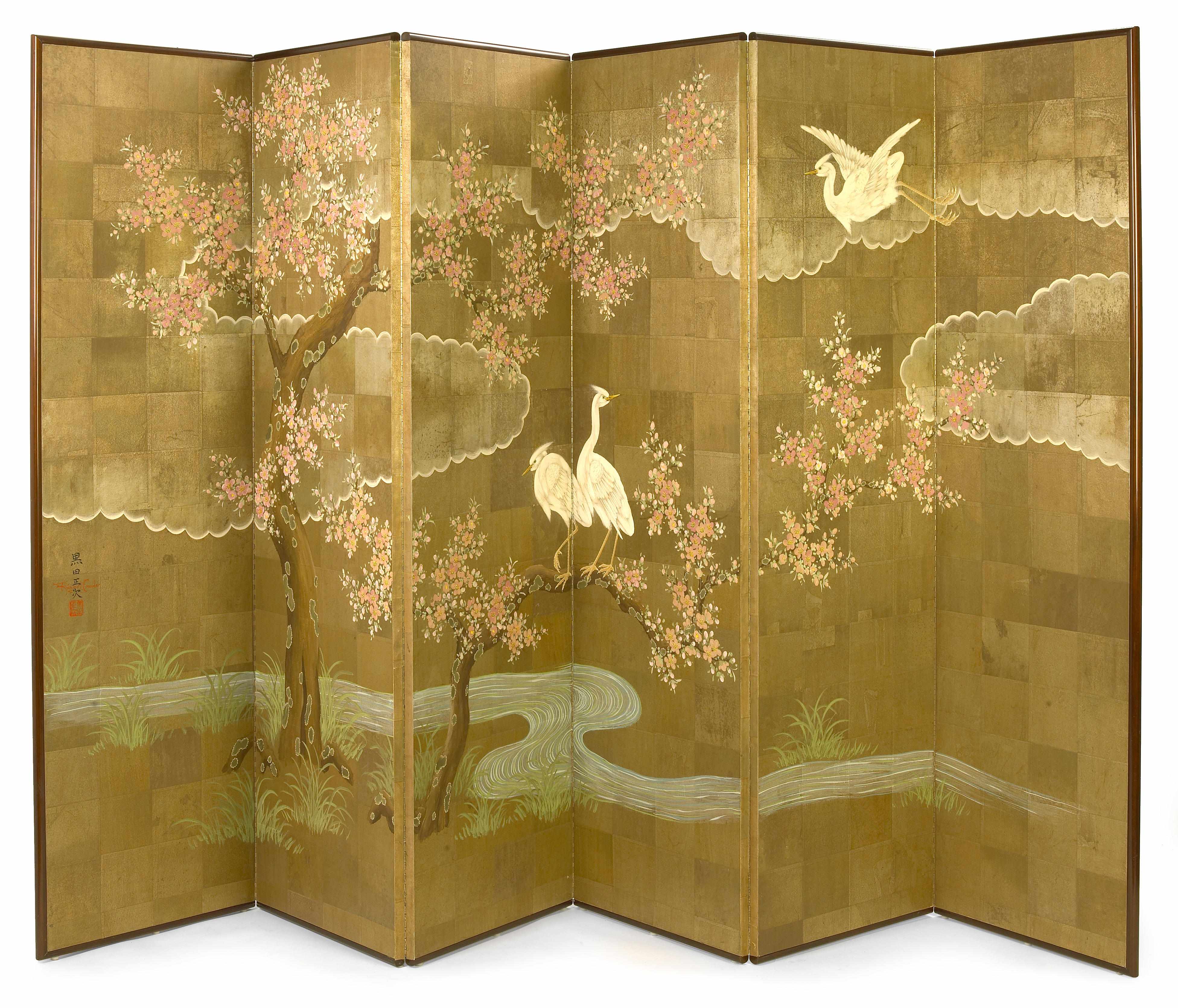 Appraisal: A Robert Crowder custom hand painted six panel screen on