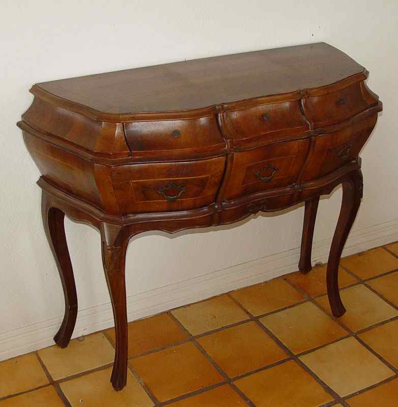 Appraisal: BOMBAY FOYER COMMODE Banded walnut chest with drawers Diminutive size