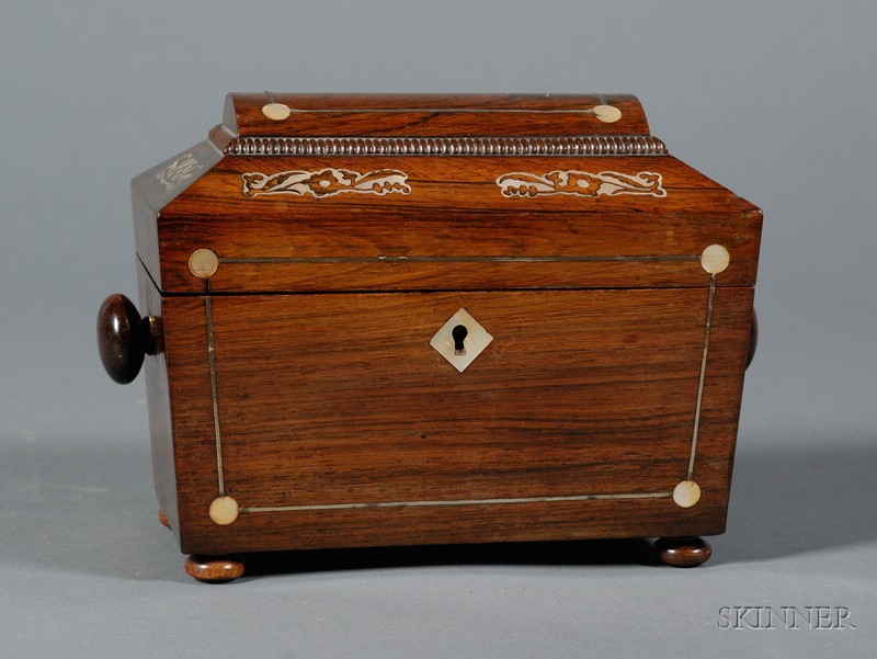 Appraisal: Early Victorian Rosewood and Mother-of-pearl Inlaid Sarcophagus-form Tea Caddy mid