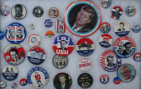 Appraisal: TWO FRAMED DISPLAYS OF SEVERAL DOZEN U S POLITICAL-RELATED BUTTONS