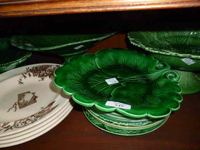 Appraisal: A COLLECTION OF VARIOUS MAJOLICA GREEN GLAZED LEAF MOULDED PLATES