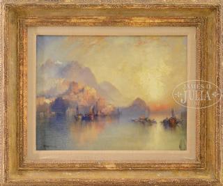 Appraisal: THOMAS MORAN American - A HILLSIDE VILLAGE AT SUNSET Oil