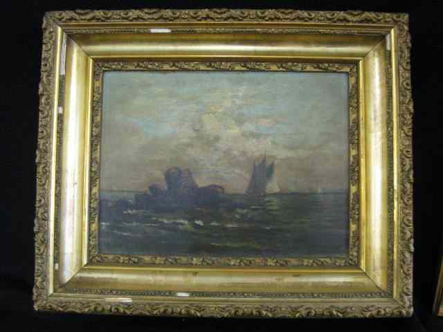 Appraisal: Oil Painting Sailing Ships along a RockyCoast gulls in flight