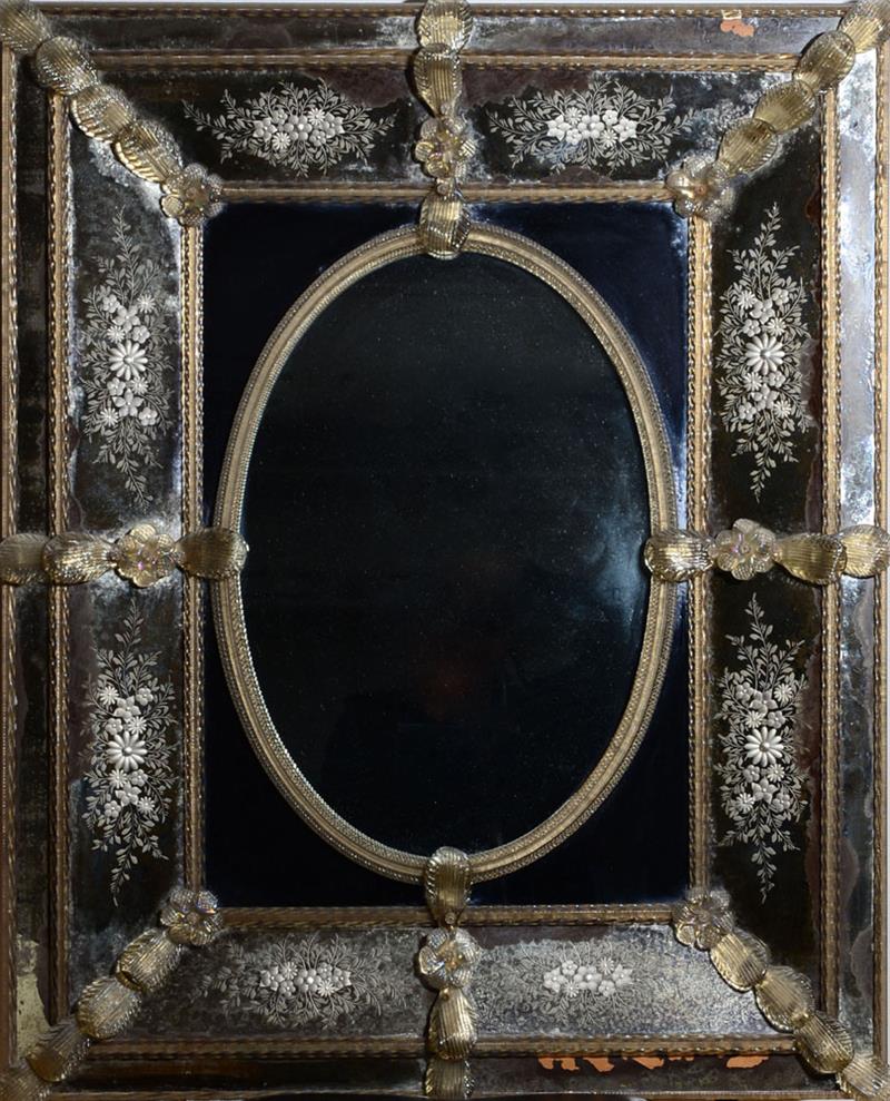 Appraisal: VENETIAN ETCHED GLASS MIRROR TH CENTURY With an oval central