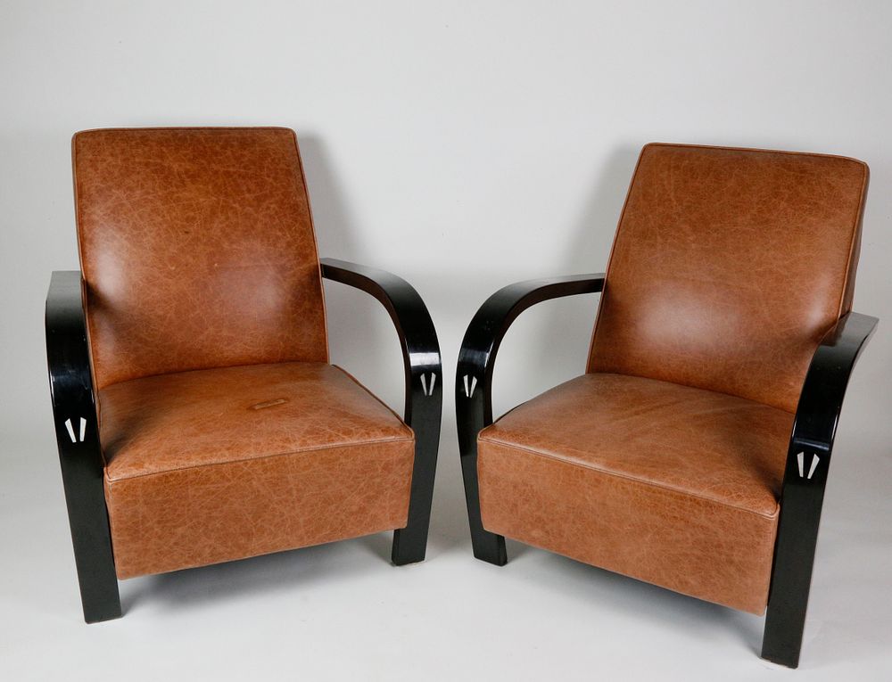 Appraisal: Pair of Art Deco Style Leather and Ebonized Open Armchairs