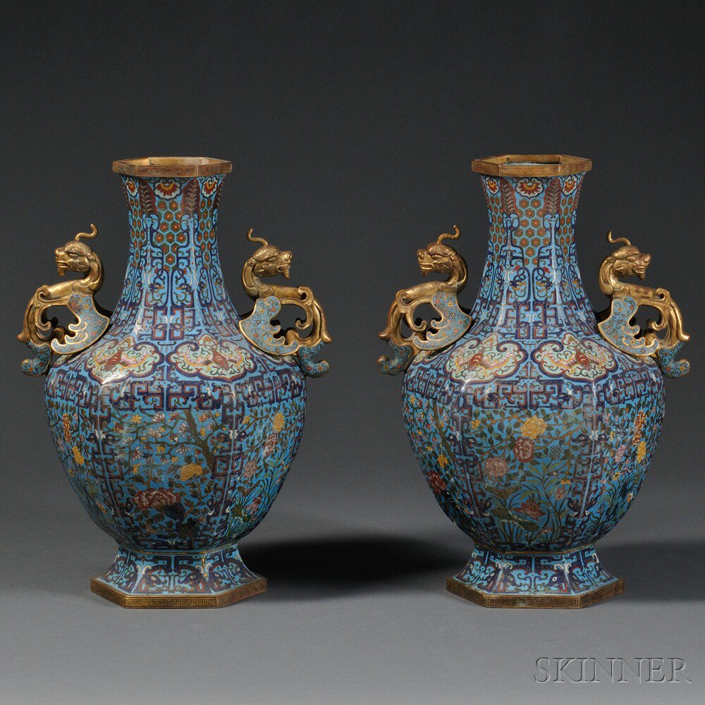 Appraisal: Pair of Cloisonne Vases China th th century bulbous hexagonal