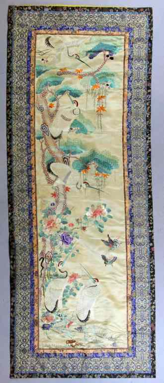 Appraisal: Chinese Qing Silk Embroidery PanelFinely made to depict five cranes