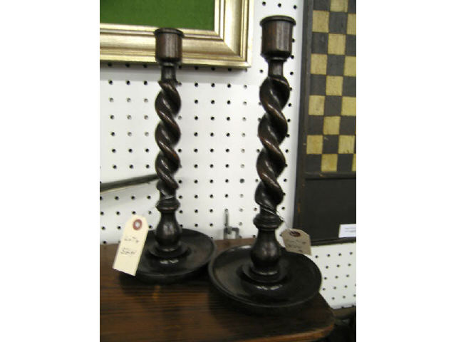 Appraisal: Pair of English Oak Barley Twist Candlesticks