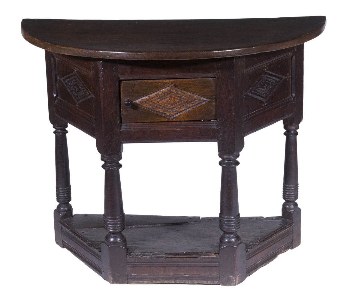 Appraisal: TH C ENGLISH DEMILUNE TABLE Black Walnut having an overhanging