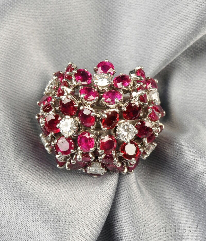 Appraisal: Platinum Ruby and Diamond Ring France designed as a cluster