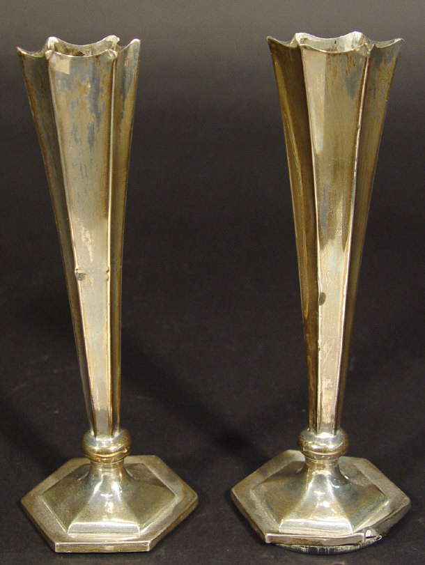 Appraisal: Pair of hexagonal fluted silver spill vases Birmingham each cm