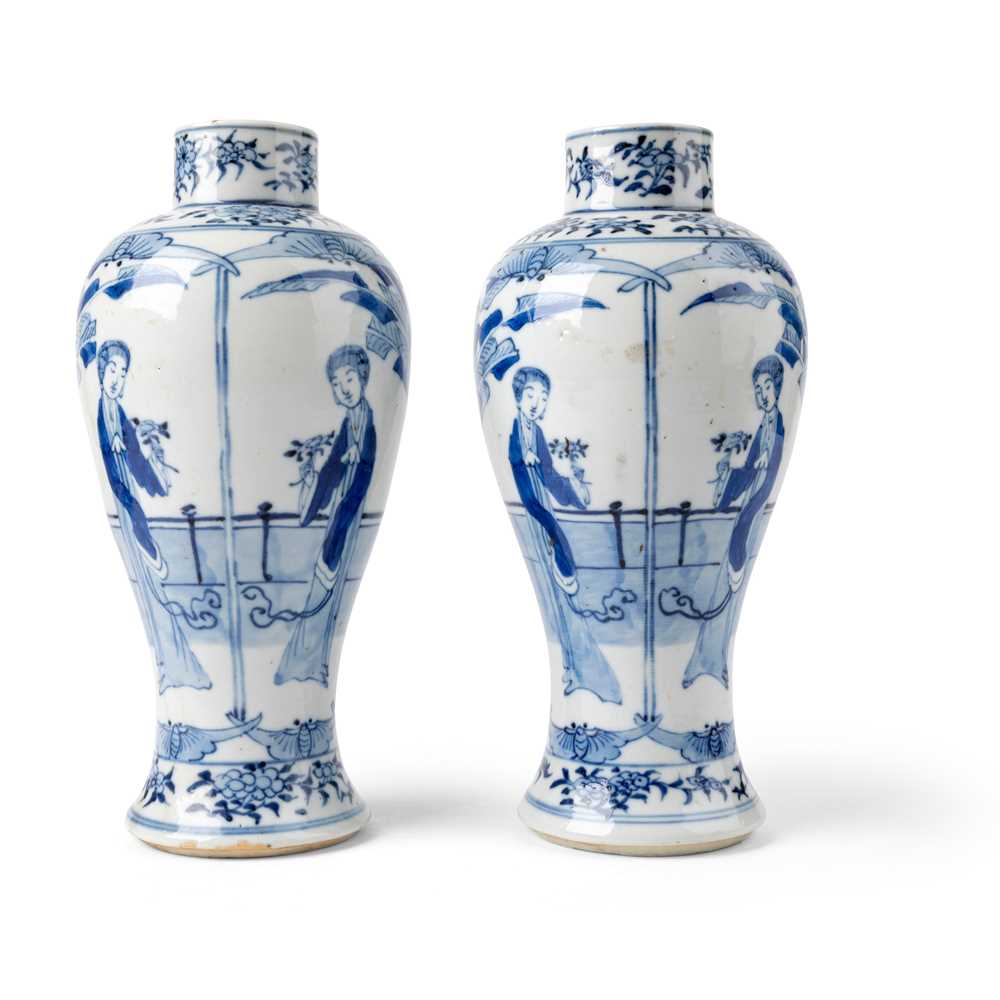 Appraisal: PAIR OF BLUE AND WHITE 'LADY' BALUSTER VASES QING DYNASTY