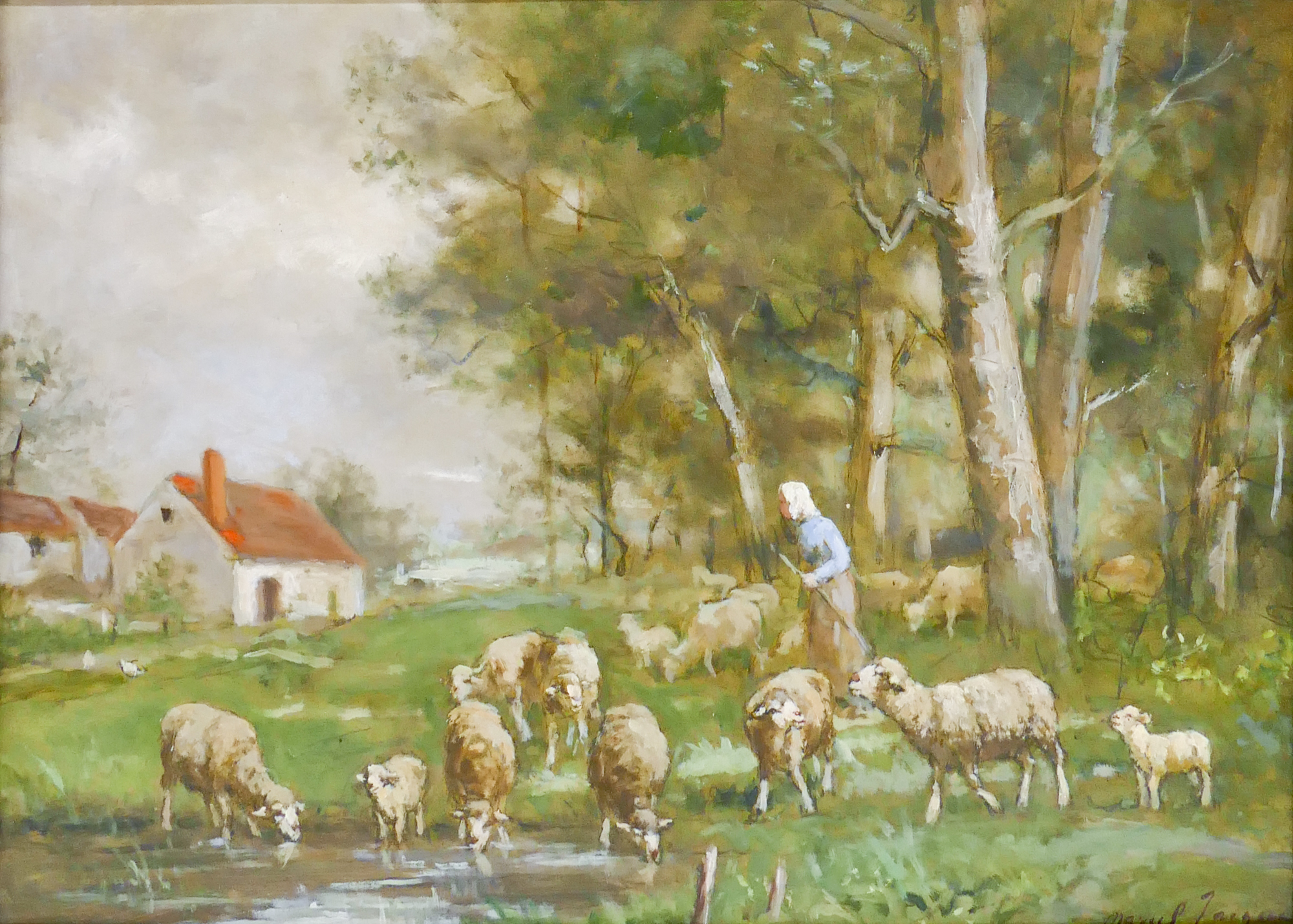 Appraisal: Marcel Jacque - France 'Shepardess with Flock' Oil on Canvas