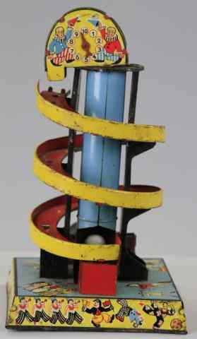 Appraisal: KELLERMANN MARBLE GAME Germany lithographed tin spiral ramp allows ball