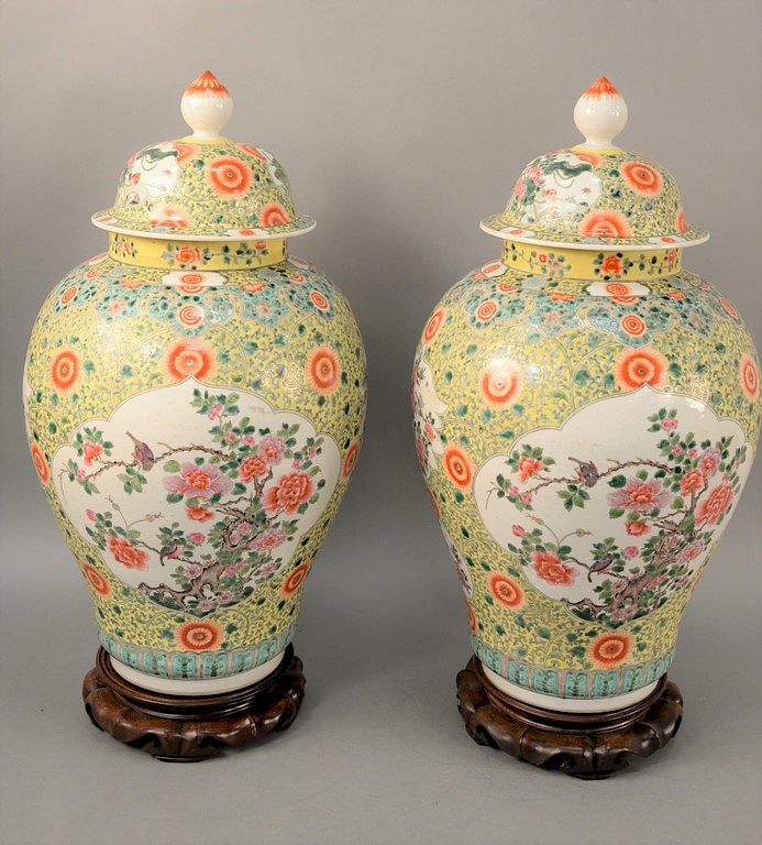 Appraisal: Large pair of Famille Jaune Rose covered baluster jars th