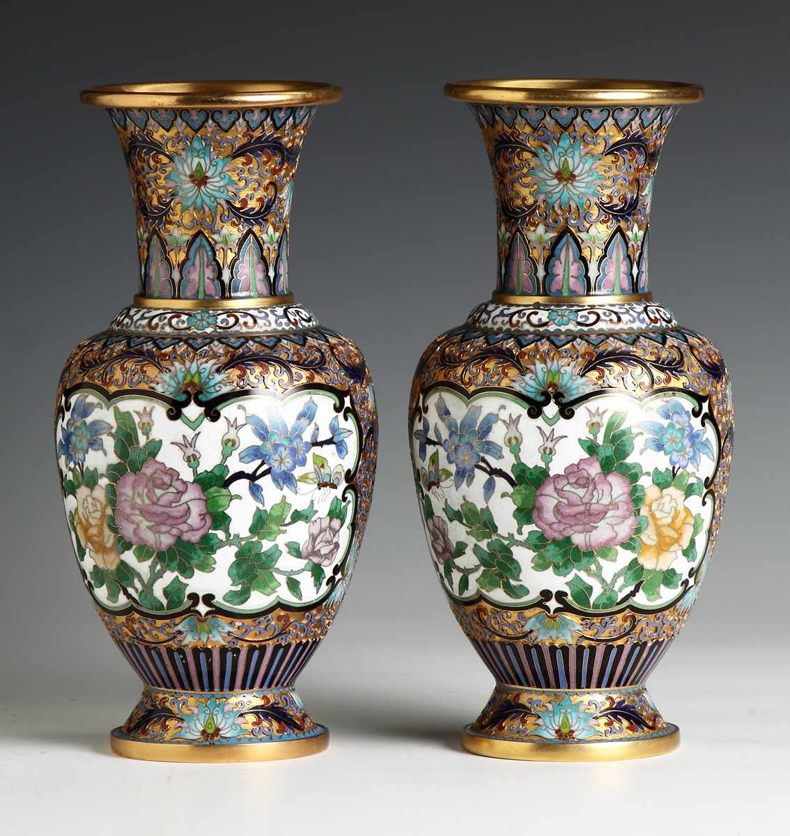 Appraisal: Pair of Cloisonn Vases th cent Decorated w roses butterfly