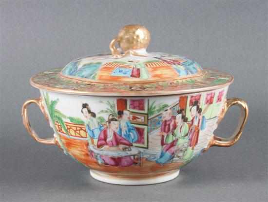 Appraisal: Chinese Export Rose Mandarin porcelain covered soup bowl circa double-twist