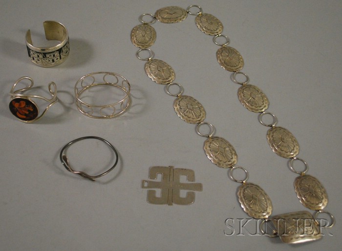 Appraisal: Six Pieces of Sterling Silver Jewelry a silver belt four