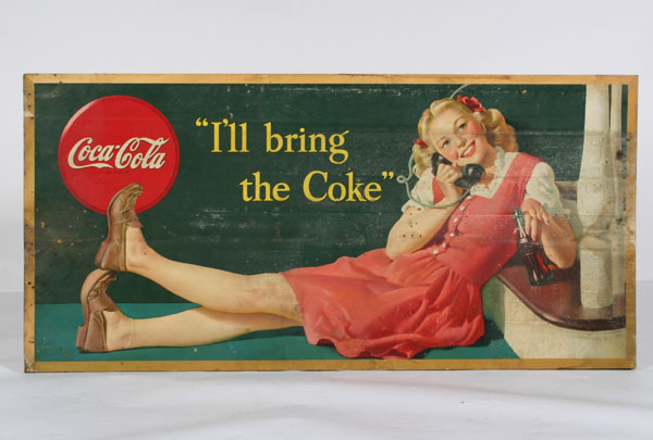 Appraisal: Large Coca-Cola Cardboard Advertising sign from on a wooden frame