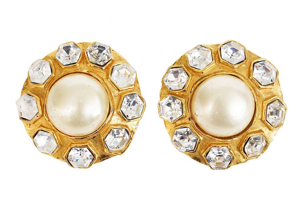 Appraisal: Chanel Vintage Faux Pearl and Crystal Earrings Chanel vintage gold